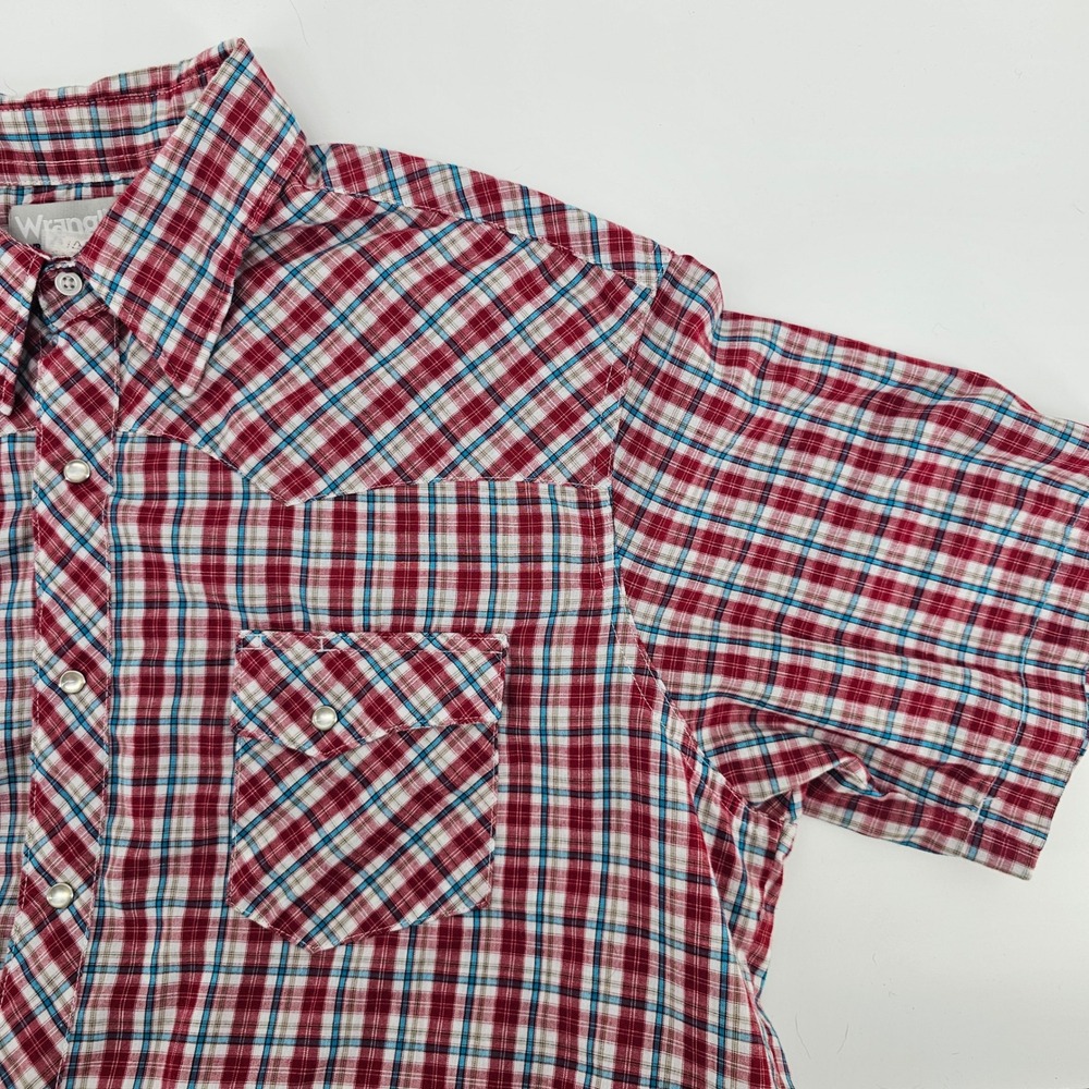 Wrangler Wrancher Western Snap Shirt Mens XL Red Blue Plaid Short Sleeve Western